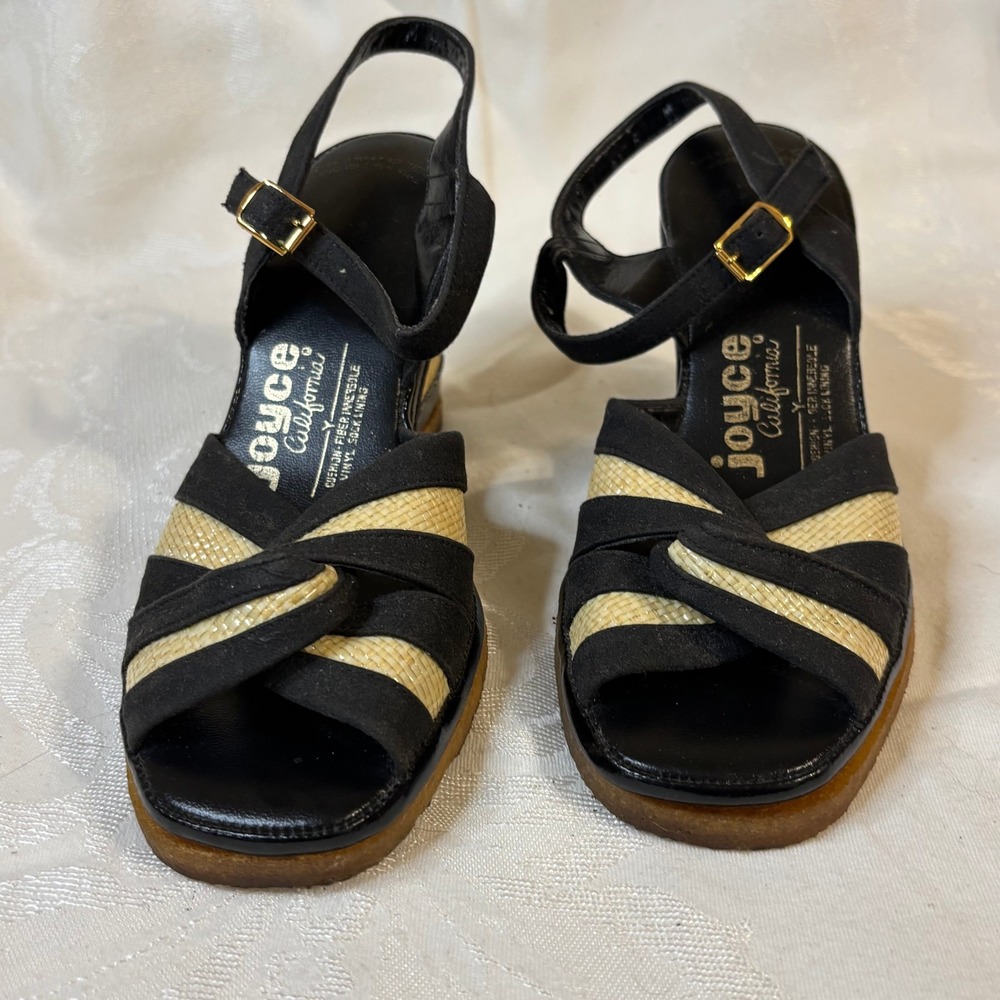 Vintage Joyce California Black Tan Woven Wedge Sandals Ankle Strap Retro 50s 60s